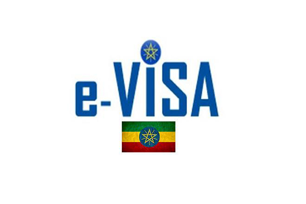 The image features bold blue text reading 'e-VISA' with the Ethiopian flag below. Conveying a sense of official formality.