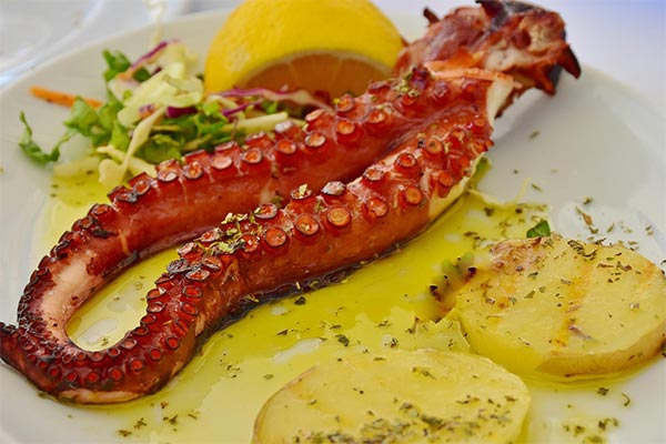  Grilled octopus tentacle garnished with herbs, served with lemon wedge, sliced potatoes, and vibrant salad on a white plate. 