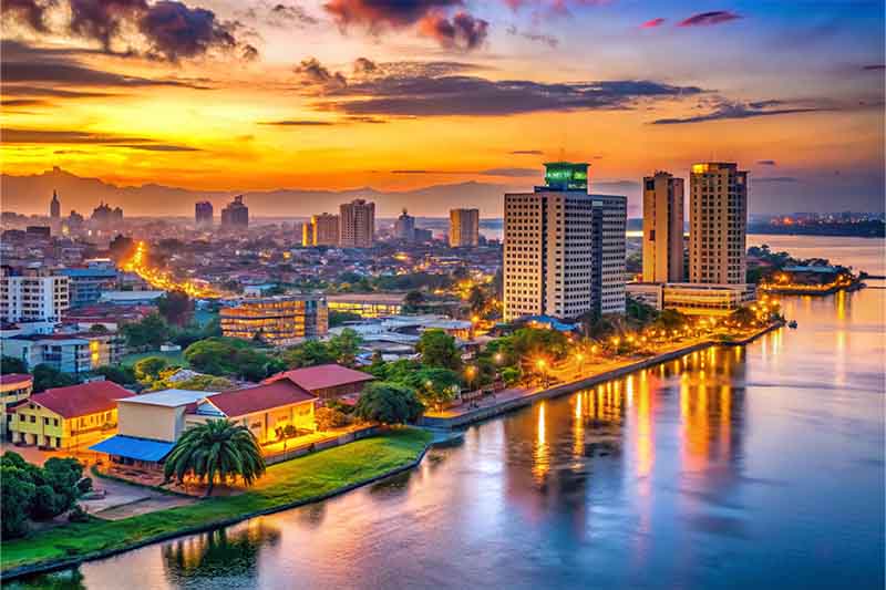 Sunset views over the Congo River and city. Search flights to Kinshasa for this unique riverside metropolis.